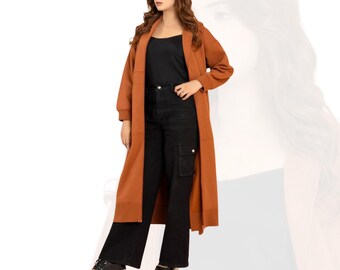 Handmade Terracotta Hooded Cardigan, Oversized Cotton Blend Coat