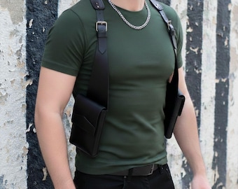 Black Leather Men's Harness Bag | Handmade Tactical Holster & Shoulder Bag | Minimalist Festival Gear and Travel Utility Bag | Gift for Men