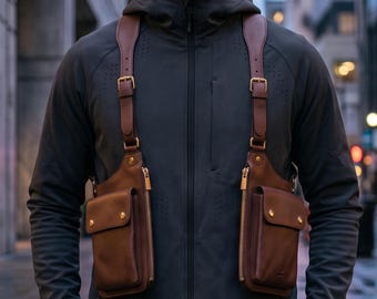 Brown Handmade Leather Shoulder Harness Bag, Men's Dual Holster Chest Rig, Steampunk Crossback Body Bag, Gift for Him