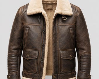 Men's Distressed Leather Shearling Aviator Jacket, B3 Bomber Coat, Faux Fur Collar, Winter Warmth