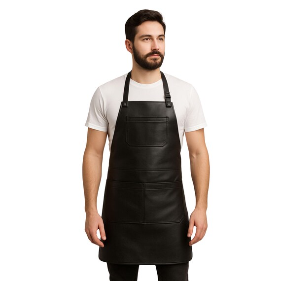 ハンドメイドフルグレインレザーエプロン：ポケット付きユニセックス