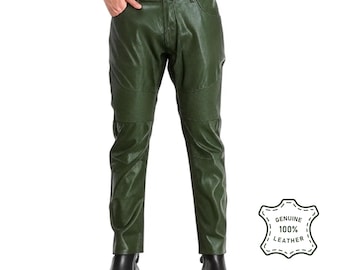 Green Sheepskin Leather Pants: Slim Fit Biker Style - Custom Size Available