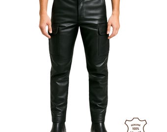 Handmade Lambskin Leather Cargo Trousers: Slim Fit Black Pants