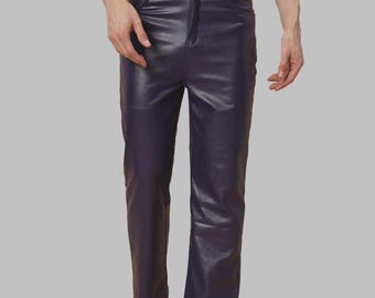 Leon Purple Genuine Leather Pants – Slim-Fit Moto Style Trousers