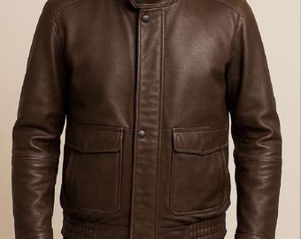 Men's Espresso Brown Leather Bomber Jacket, Stand Collar, Cargo Pockets, Vintage-Inspired Biker Coat