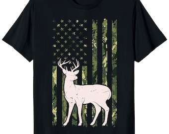 American Flag Deer Shirt, Camo Hunting Buck T Shirt, Patriotic Hunter Graphic Tee, Rustic Wildlife Hunting Tee, USA Outdoorsman Shirt