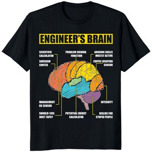 May include: Black t-shirt with a colorful graphic of a brain labeled with engineering-related functions, including "Scientific Calculator," "Problem Solving Function," and "Coffee Location Sensor." The text "ENGINEER'S BRAIN" is at the top.