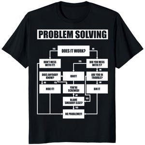 May include: Black t-shirt with a white flow chart design titled "PROBLEM SOLVING." The flow chart includes phrases like "Does it work?" and "You're screwed!" A humorous graphic tee.