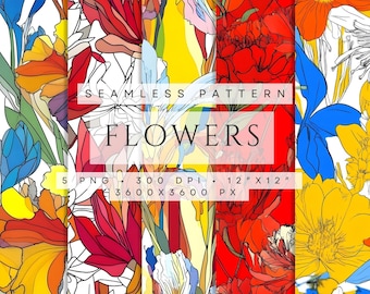 Seamless floral pattern, PNG patterns, Printable wallpaper, bright flowers, Scrapbooking paper, digital download, repeating pattern
