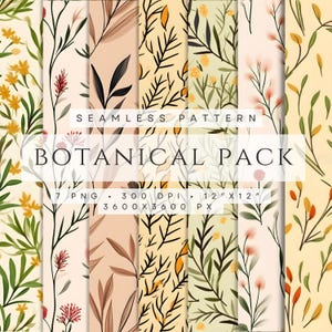 May include: A set of 7 seamless botanical patterns featuring various floral and foliage designs in shades of green, yellow, orange, and pink. The patterns are 12 inches by 12 inches and 300 DPI.