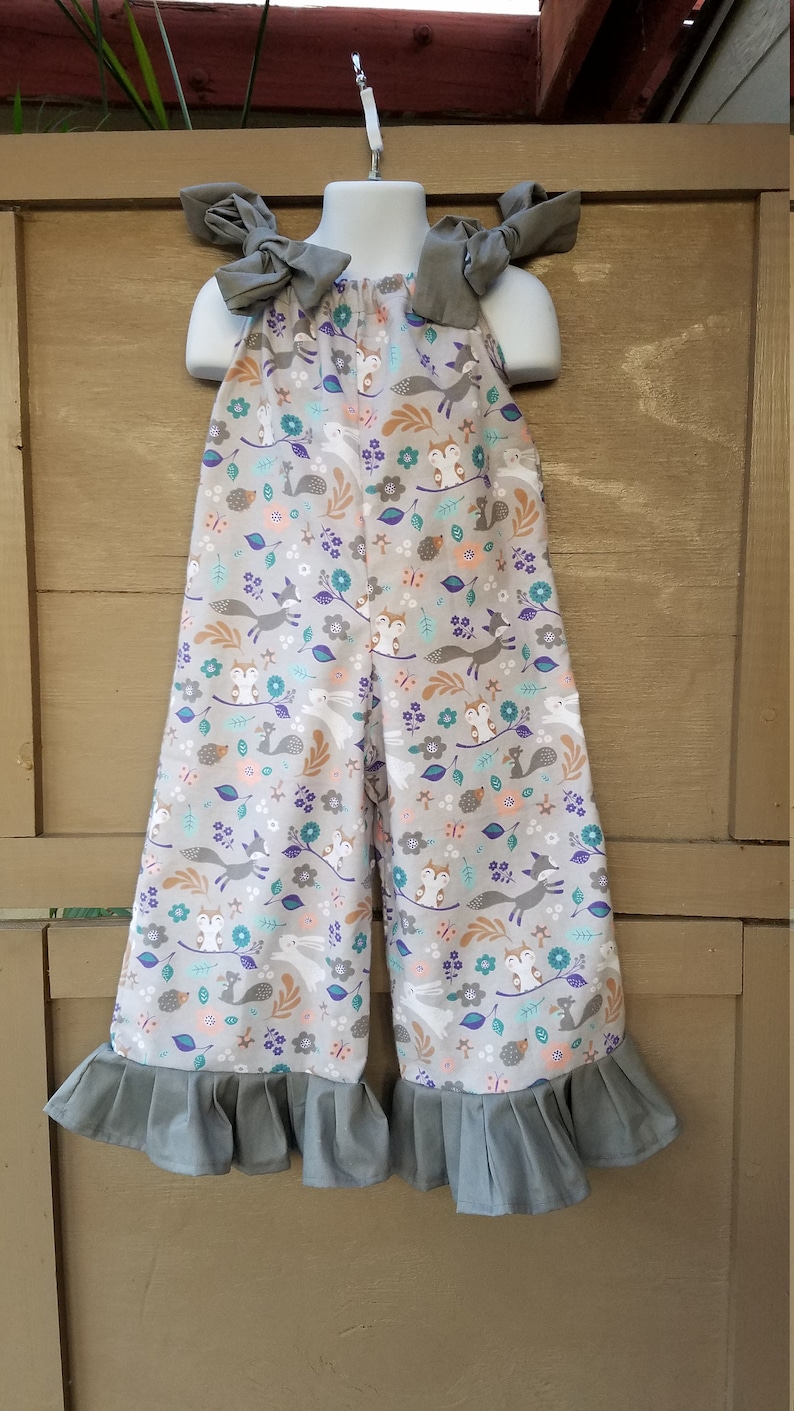 Size 3 Gray Woodland Friends Flannel Pants Romper READY to SHIP