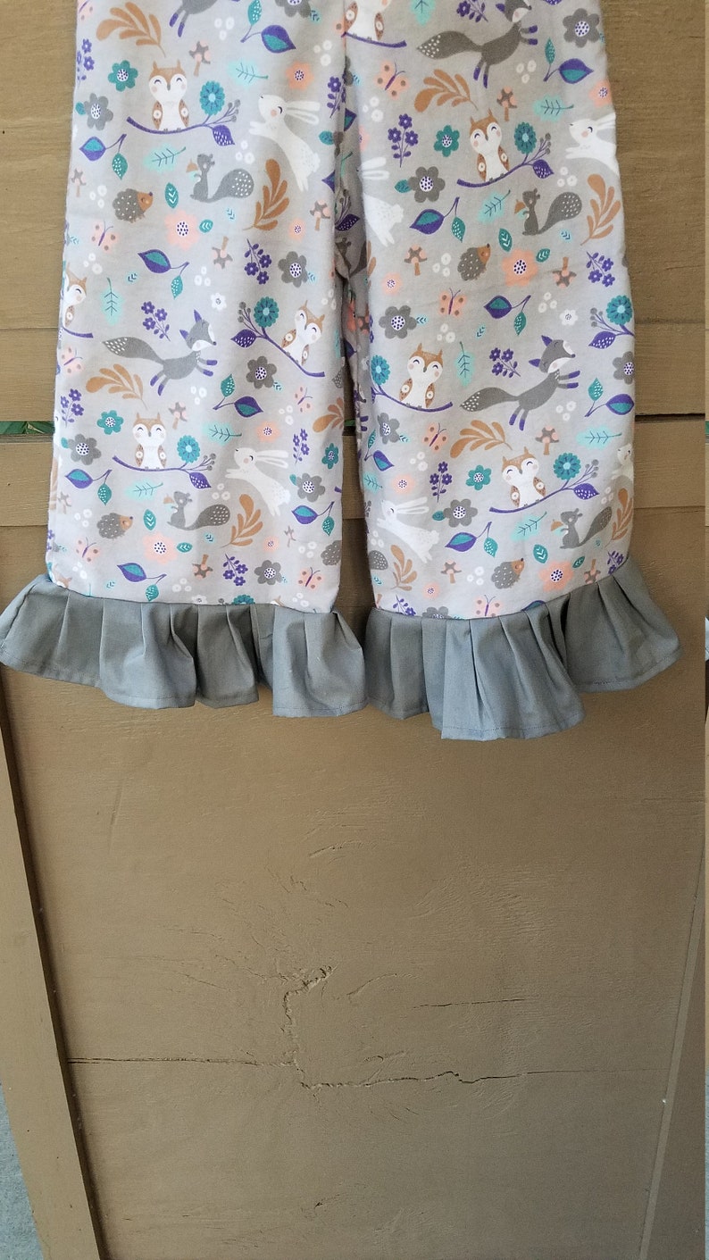 Size 3 Gray Woodland Friends Flannel Pants Romper READY to SHIP