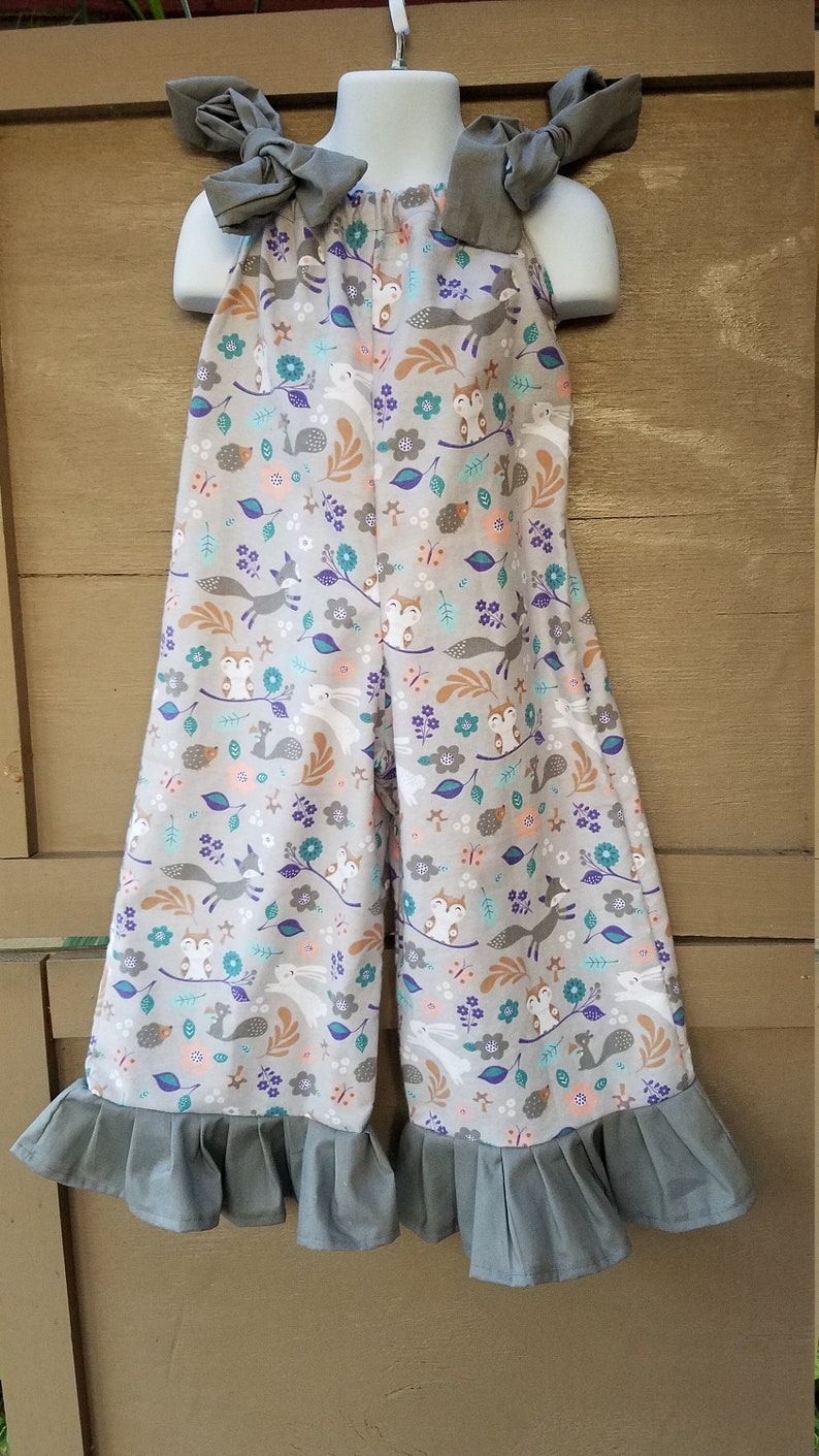 Size 3 Gray Woodland Friends Flannel Pants Romper READY to SHIP