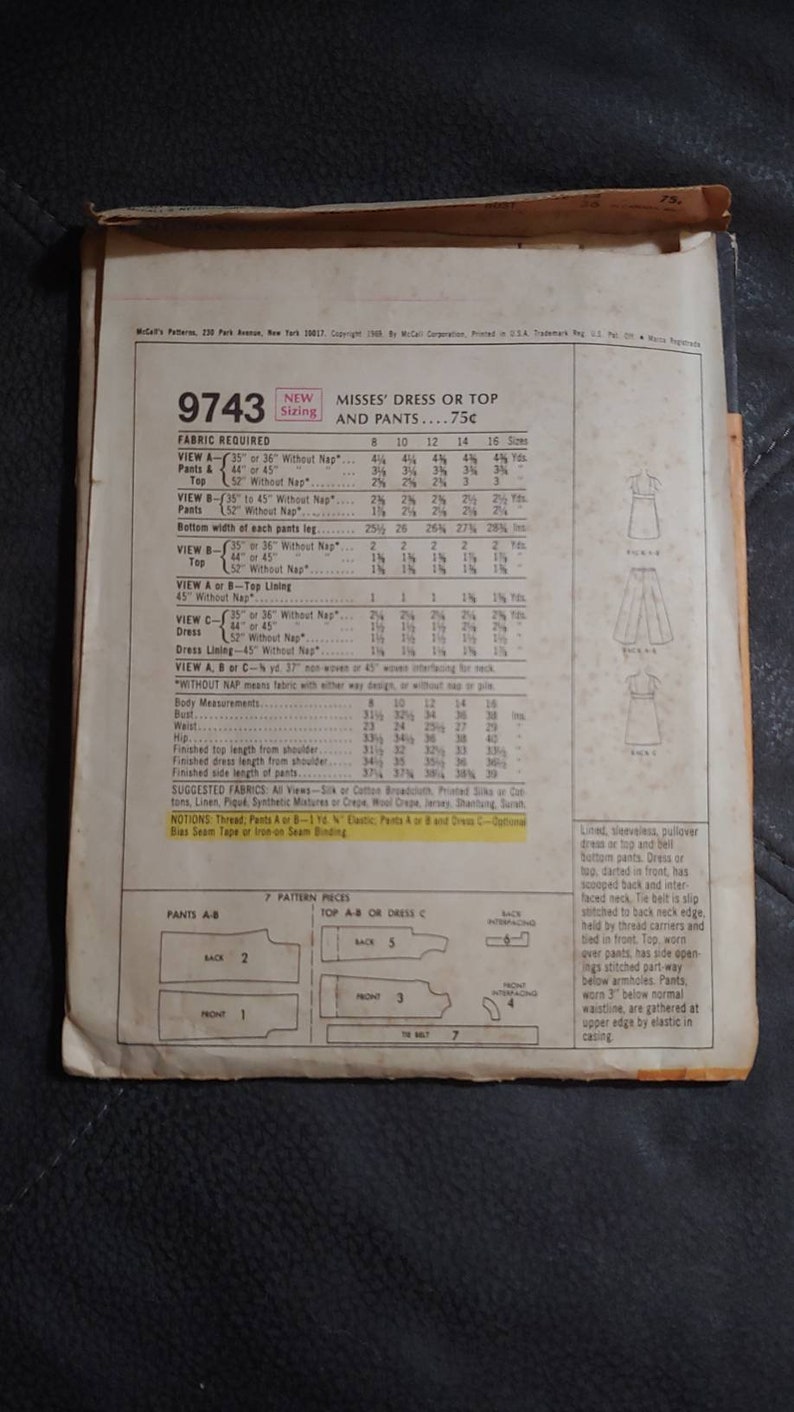 Vintage 1969 Mccall's Sewing Pattern #9743-misses' Dress or Top and ...