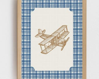 Impresión digital de avión vintage a cuadros azules / Arte mural para habitación de niño / Decoración infantil / Descarga instantánea