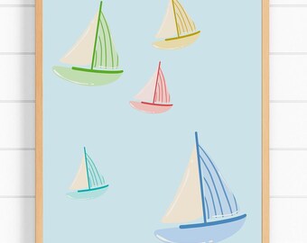 Digitale print kleurrijke zeilboten | Nautische kinderkamer kunst aan de muur | Direct downloaden | Afdrukbare kunst