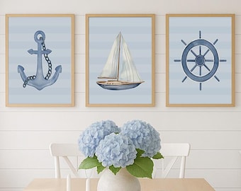 Decoración náutica para habitación infantil: juego de 3 impresiones digitales / Decoración costera / Descarga instantánea
