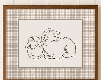 Neutral Gingham Lamb Print | Digital Download | Christian Wall Art | Nursery Decor