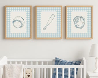 Blue Gingham Baseball Nursery Art Prints - Set of 3 (Digital Download)