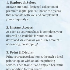 May include: A light blue and white graphic with the text "How It Works:" followed by three steps: Explore & Select, Instant Access, and Print & Display. The text describes the process of purchasing and displaying digital prints. The bottom of the graphic reads "HENRY TATE COLLECTIVE."