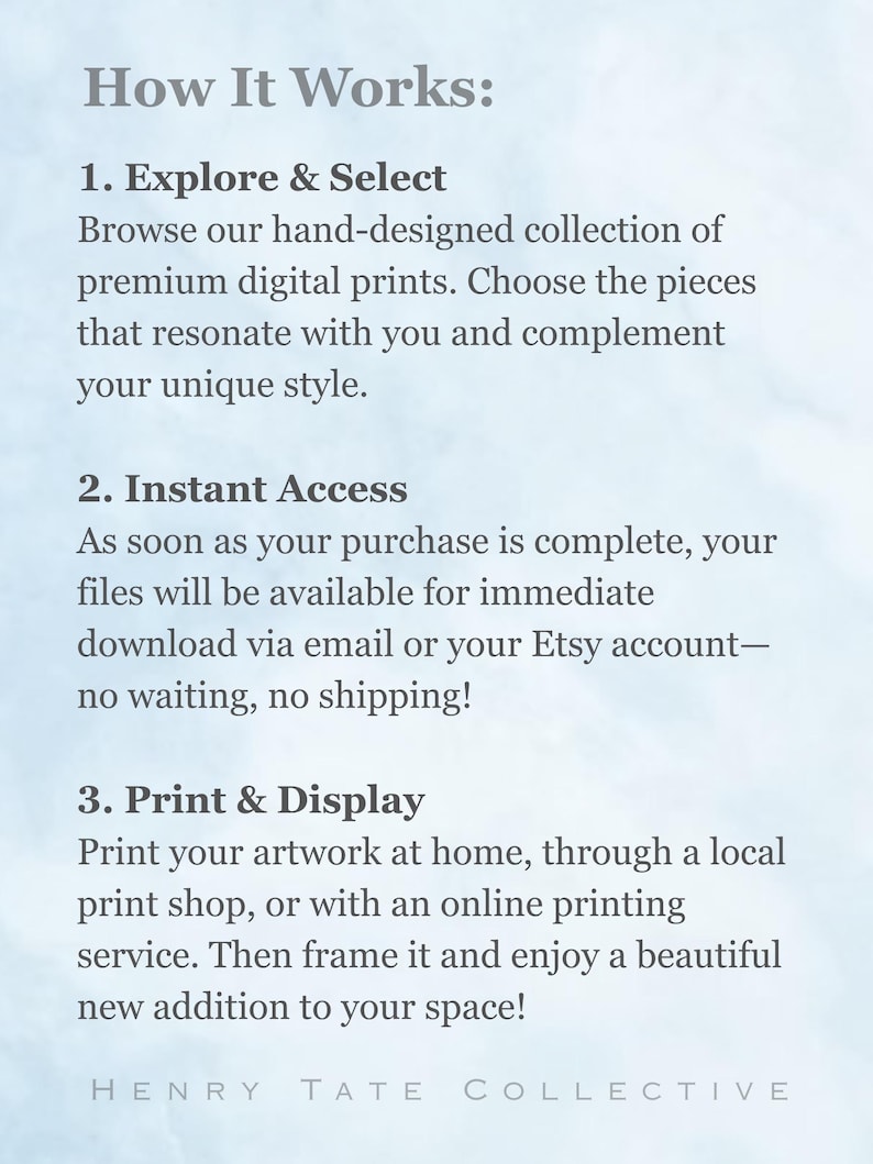 May include: A light blue and white graphic with the text "How It Works:" followed by three steps: Explore & Select, Instant Access, and Print & Display. The text describes the process of purchasing and displaying digital prints. The bottom of the graphic reads "HENRY TATE COLLECTIVE."
