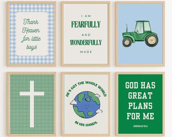 Green and Blue Christian Boys Wall Art | Digital Download- Set of 6 Instant Download-Nursery or Playroom Prints