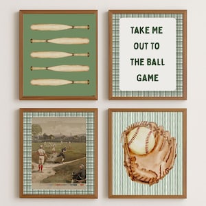 Baseball Wall Art Print Set – 4 Digital Downloads | Vintage & Watercolor Sports Decor | Boys Room, Sports Nursery, Man Cave Art