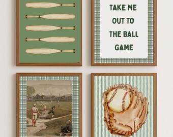 Vintage honkbalkunst aan de muur – set van 4 digitale downloads | Decor jongenskamer: groene en beige prints speelkamer