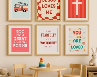May include: Six framed prints with colorful backgrounds and white text. The prints feature inspirational messages such as "God has great plans for me", "Jesus loves me", "I am fearfully and wonderfully made", and "You are loved".