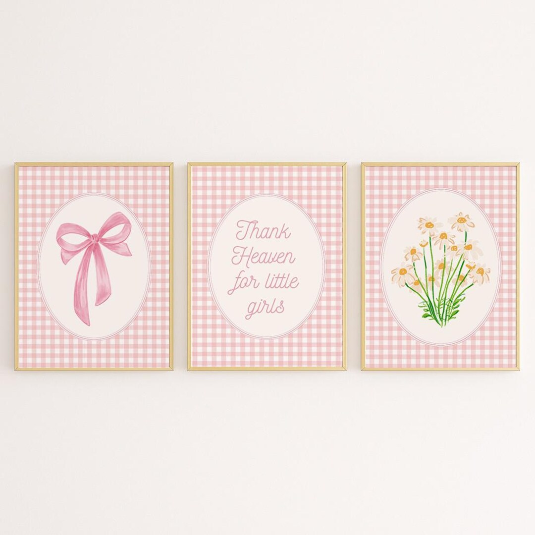 Pink Gingham Wall Art Set of 3 Digital Download Prints | Nursery ...