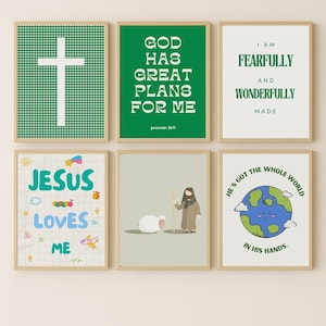Kid's Green Christian Wall Art Bundle, Digital Download, Set of 6