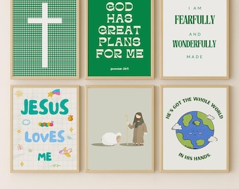 Kid's Green Christian Wall Art Bundle, Digital Download, Set of 6