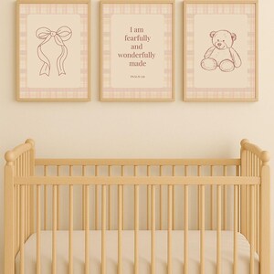 Nursery Wall Art Set – &quot;Fearfully and Wonderfully Made&quot; | Digital Download | Psalm 139 | Bow, Teddy Bear, Scripture | Baby Girl Room Decor