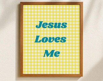 Jesus Loves Me Print: Yellow Gingham Christian Nursery Art (Digital Download)