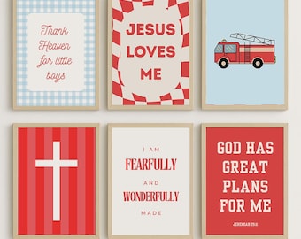 May include: Six framed art prints with inspirational quotes and images. The prints feature a blue gingham pattern, a red and white checkered design, a red fire truck, a white cross on red stripes, and text that reads "I am fearfully and wonderfully made."