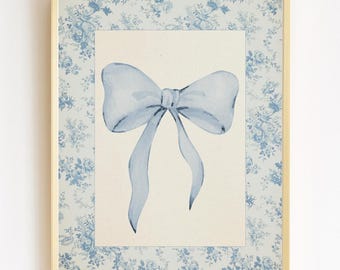 Blue Toile Bow Watercolor Print: Vintage Nursery Art (Digital Download)