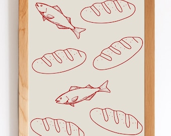 Loaves and Fishes Wall Art | Minimalist Christian Digital Print | Biblical Illustration | Red Line Art | Printable Artwork
