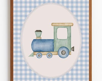 Blue Train Nursery Print Digital Download | Watercolor Wall Art | Gingham Kids Room Decor | Vintage Train Printable