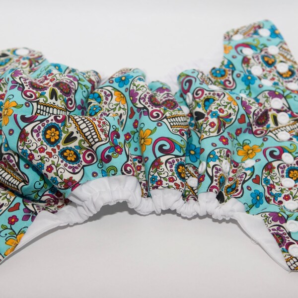 Cloth Diaper Cover - Blue Sugar Skulls - OS Cover - Nappy Cover