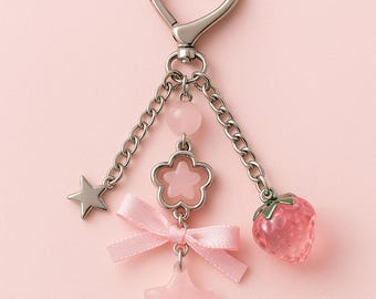 Kawaii Pink Keychain – Heart Clasp, Strawberry, Star Charms