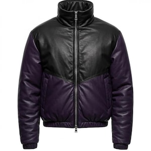 Black & Purple Leather Puffer Jacket – Unisex Streetwear Bomber | Retro Winter Outerwear by Humacraft Leather