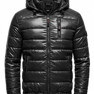 Jaqueta masculina preta com capuz – couro sintético, casaco de inverno, agasalho acolchoado e quente