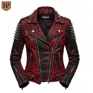 Red Studded Leather Biker Jacket – Punk Rock Moto Jacket for Women – Spiked Shoulder Gothic Jacket – Gift for Her