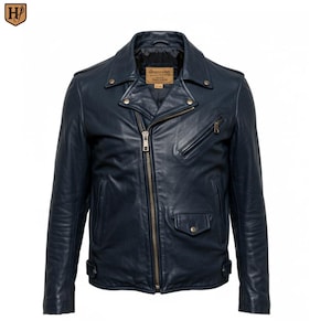Handmade Navy Blue Leather Biker Jacket: Classic Asymmetrical Design