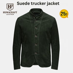 Dark Green Suede Trucker Jacket | 100% Genuine Leather | Minimalist Button-Up Jacket | Men&#39;s Luxury Outerwear