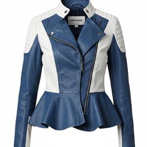 Handmade Blue & White real Leather Peplum Jacket – Sculpted Moto Couture for Women