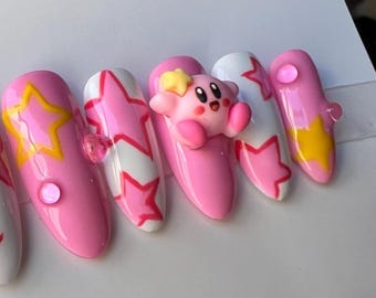 Adorable Pink and White Kirby Themed Press On Nails