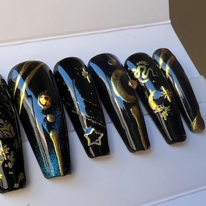 Schwarz und Gold Sternenhimmel Themed Press on Nails