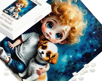 300 Piece Puzzle Big Eye Child Holding Puppy Jigsaw Starry Night Sky Magical Design Whimsical Art Gift Birthday Family Game Activity