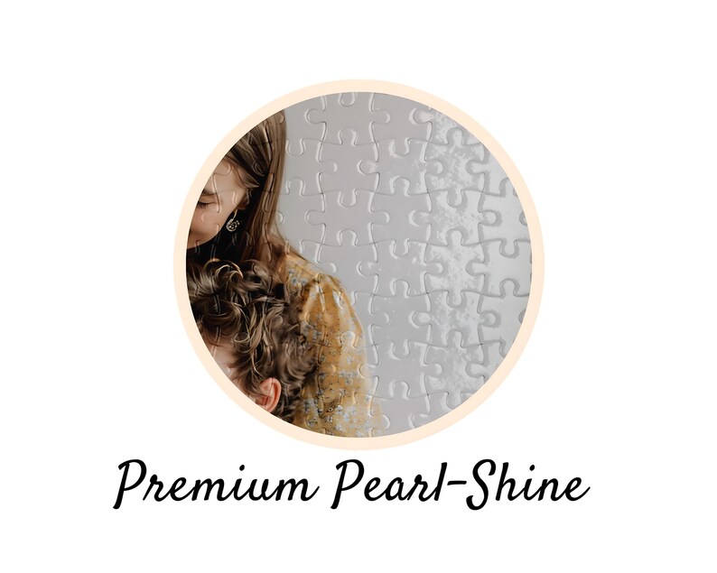 May include: A circular image featuring a person with long, wavy hair and a patterned top, set against a backdrop of a puzzle. The text "Premium Pearl-Shine" is written in a cursive font below the circle.